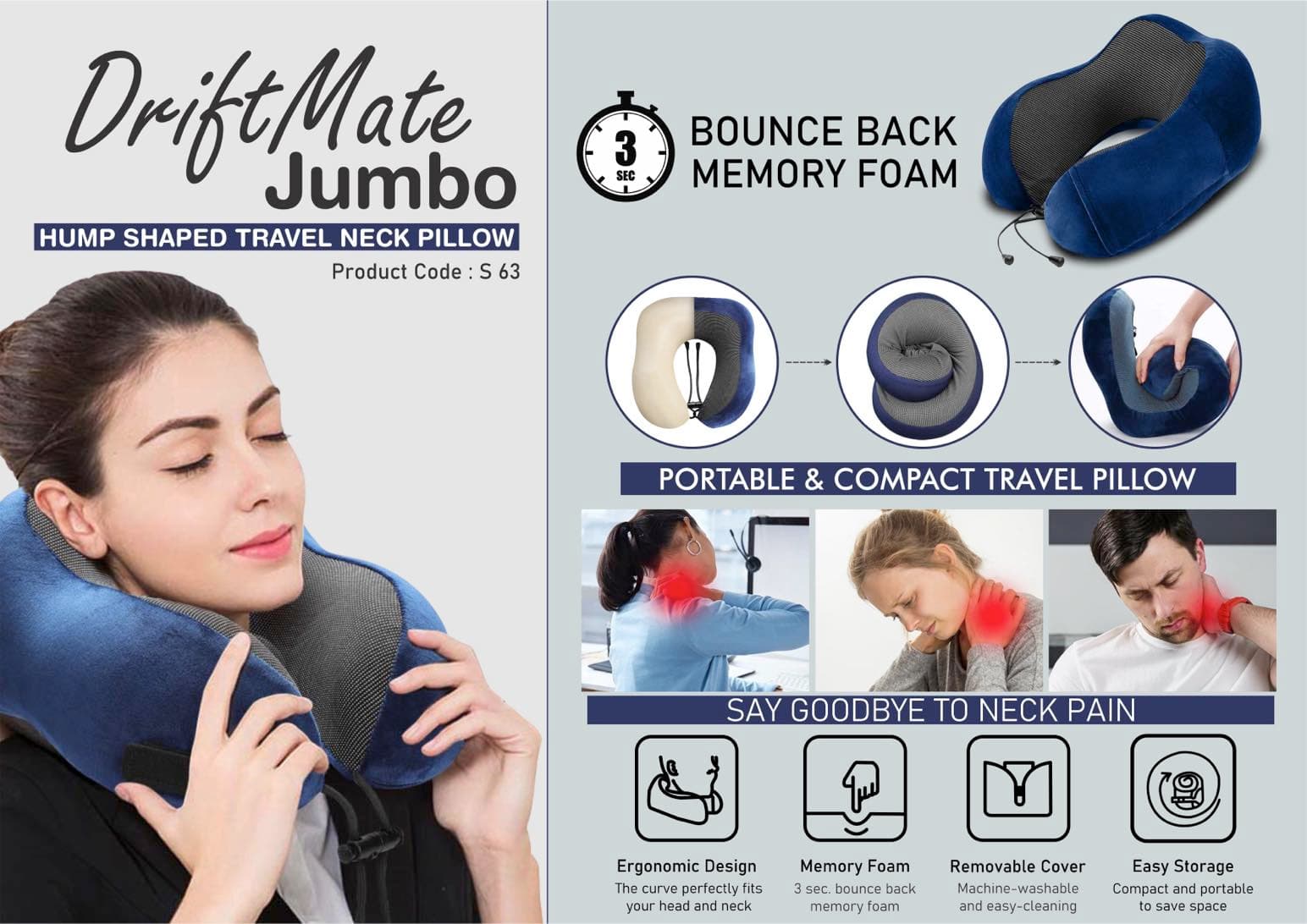 DriftMate Jumbo: Hump shaped Travel Neck Pillow - High Coverage of Neck and Cervical support with Soft fabric