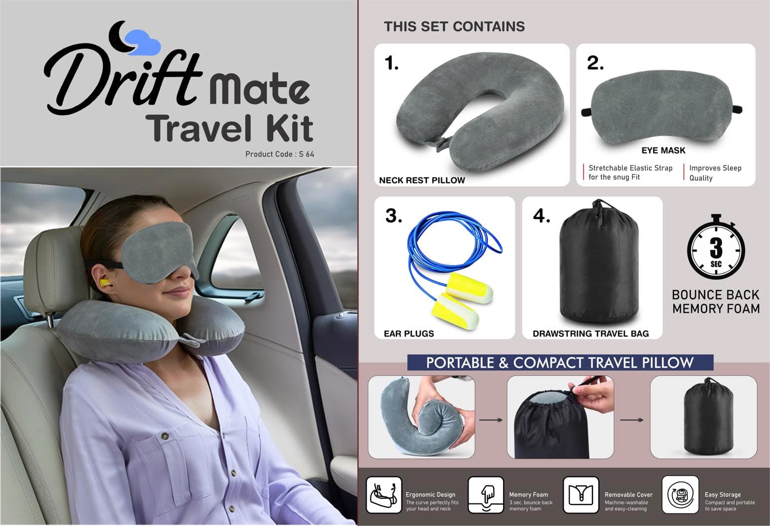 DriftMate Travel Kit: Combo of Memory foam Neck Rest Pillow, eye mask & ear plugs