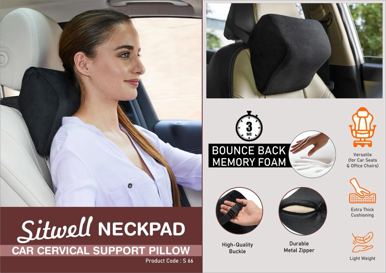 SitWell NeckPad: Car Cervical Support Cushion Pillow with Soft fabric