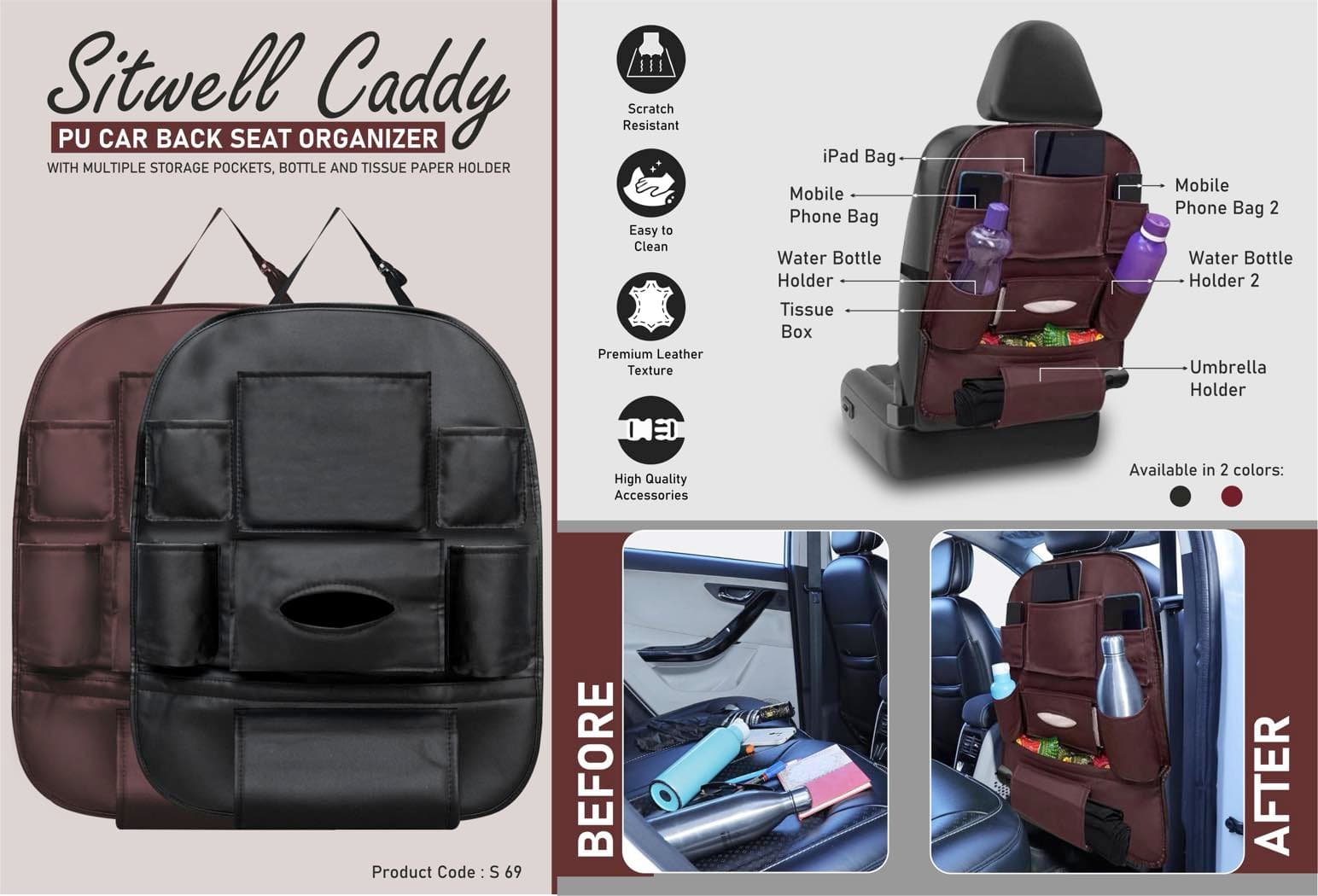 SitWell Caddy: PU Car Back Seat Organizer with Multiple Storage Pockets, Bottle And Tissue Paper Holder