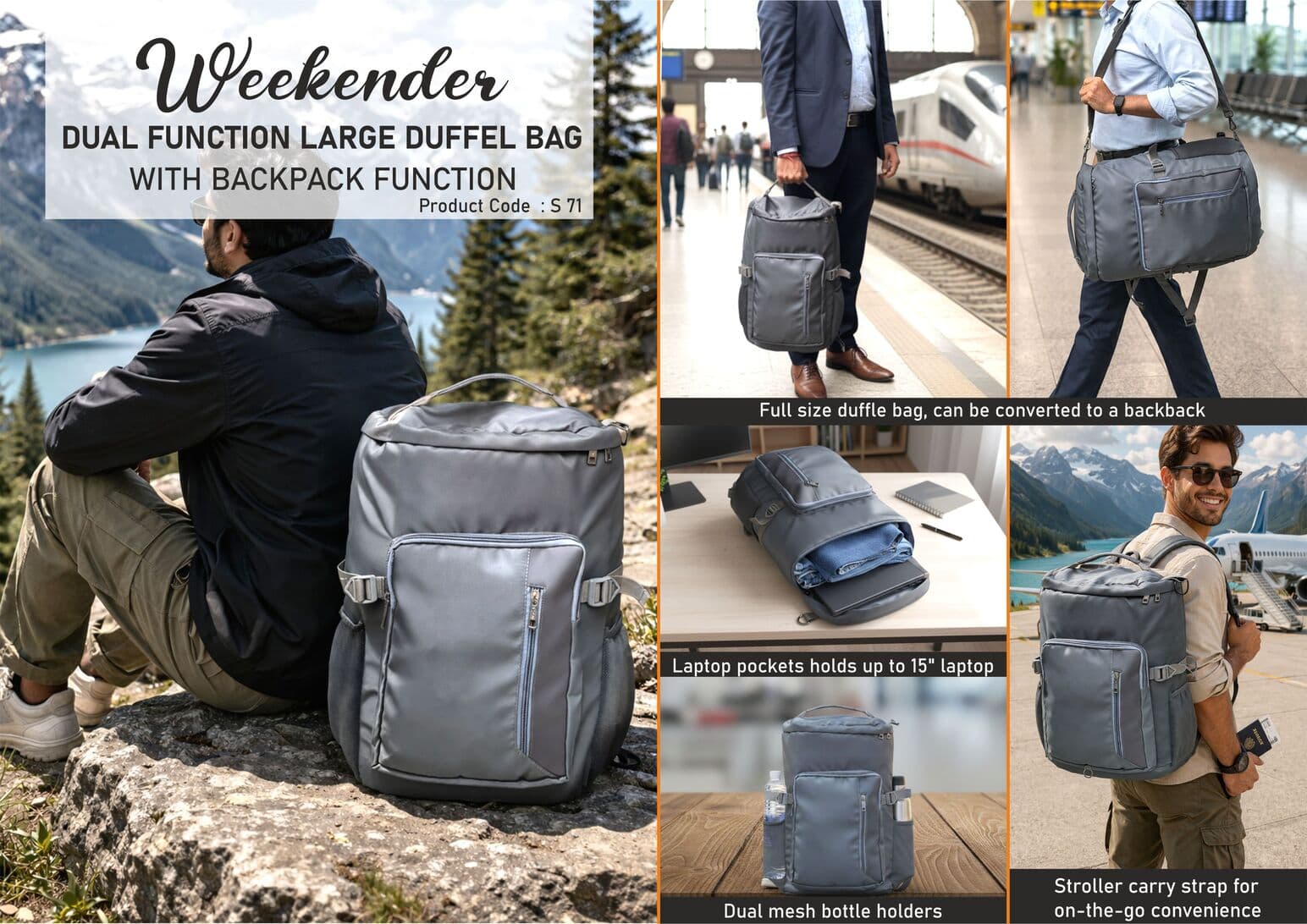 Weekender: Dual function Large Duffel Bag with Backpack function