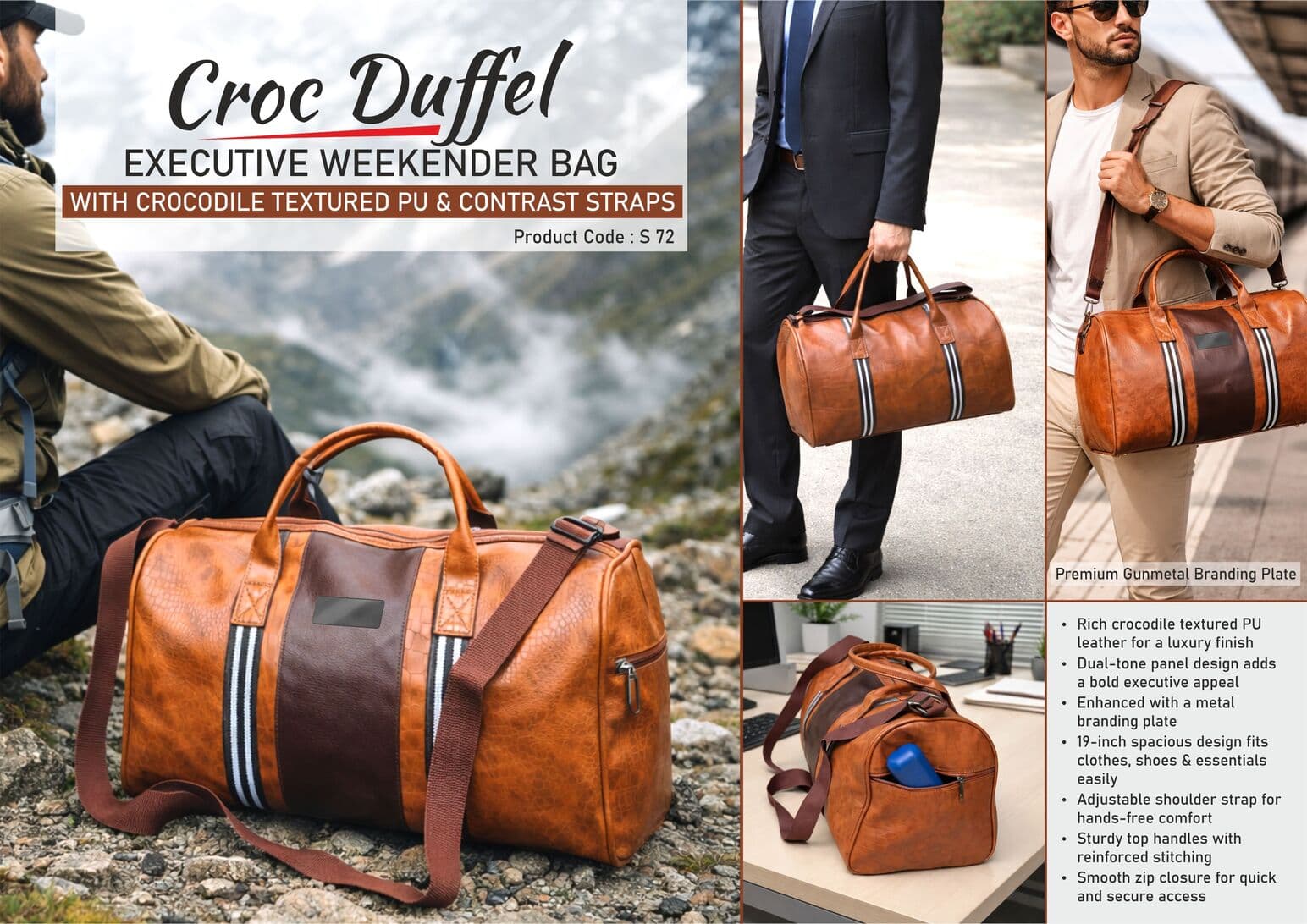 Croc Duffel: Executive Weekender Bag with Crocodile Textured PU & Contrast Straps