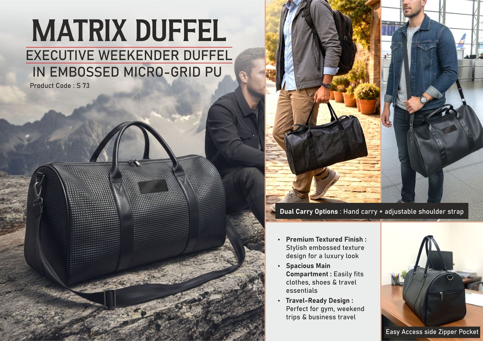 Matrix Duffel: Executive Weekender Duffel in Embossed Micro- Grid PU