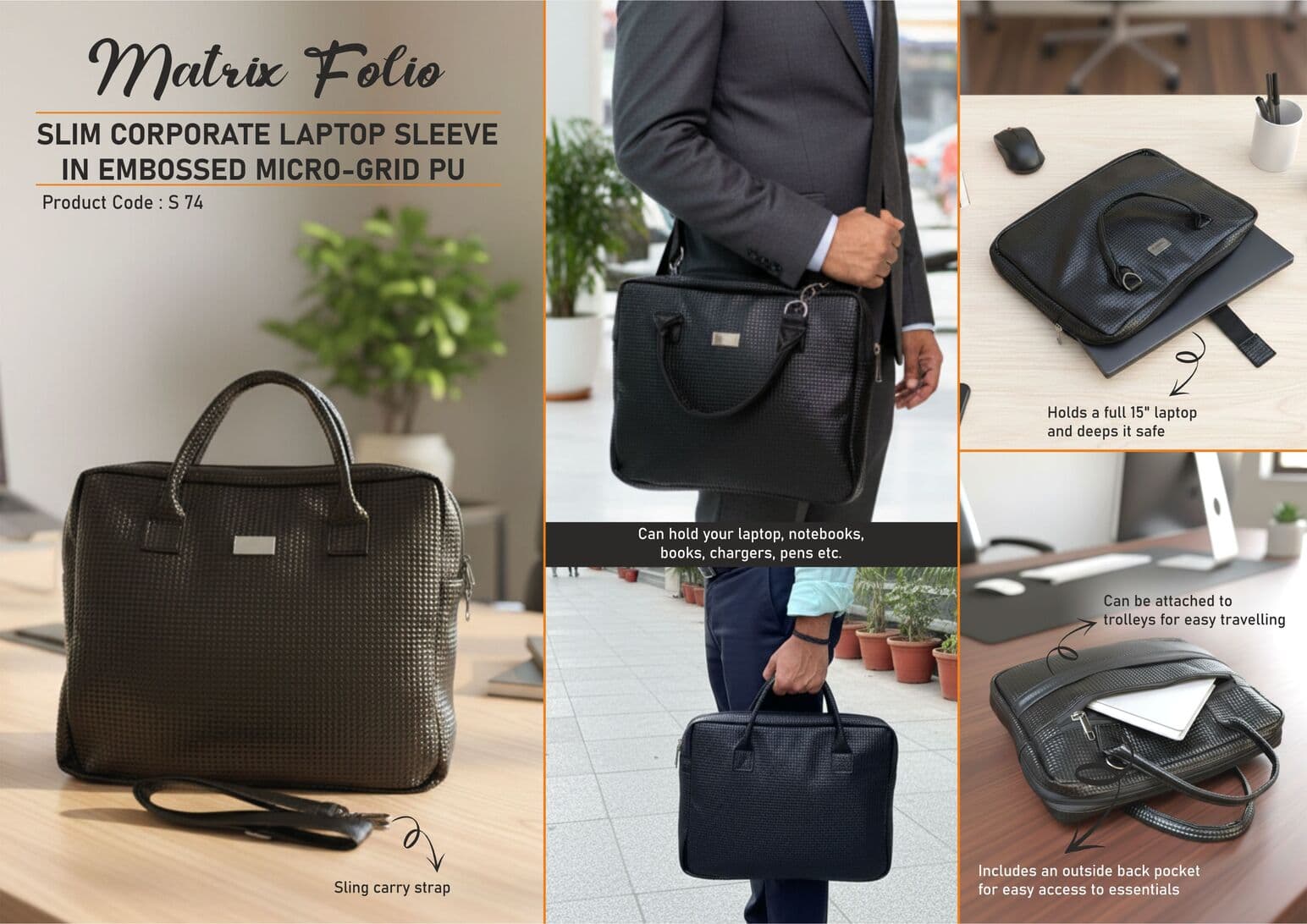 Matrix Folio: Slim Corporate Laptop Sleeve in Embossed Micro- Grid PU