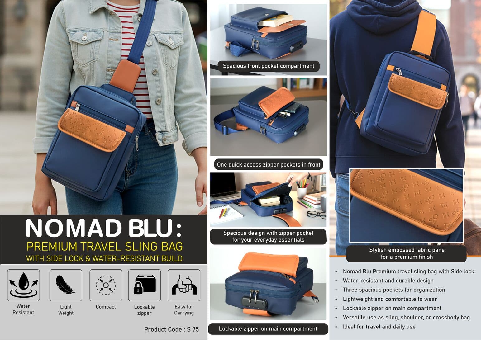 Nomad Blu: Premium travel sling bag with Side lock