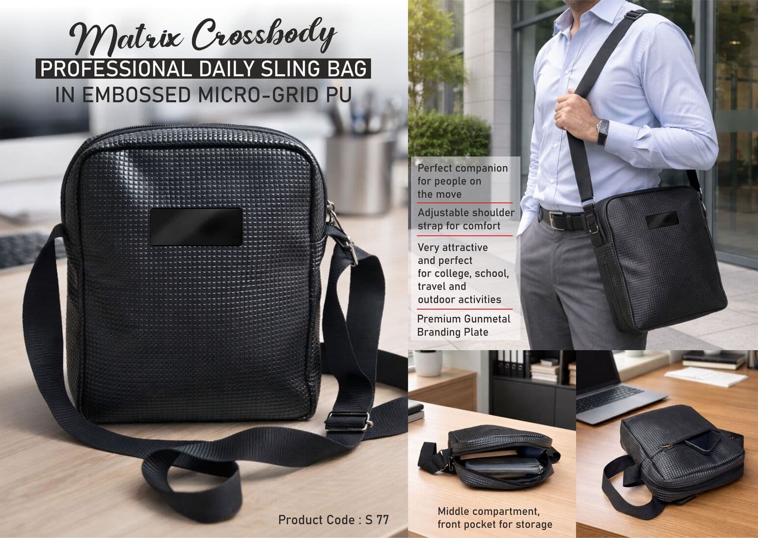 Matrix Crossbody: Professional Daily Sling Bag in Embossed Micro-Grid PU
