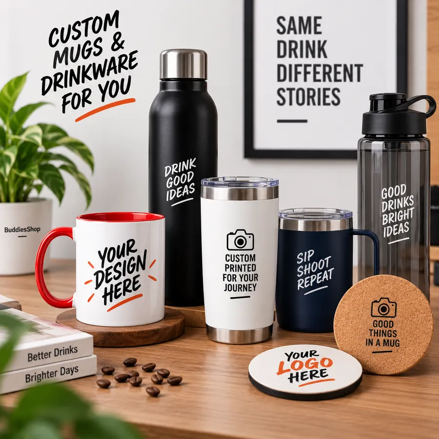 Custom printed mugs & drinkware by Buddies Shop